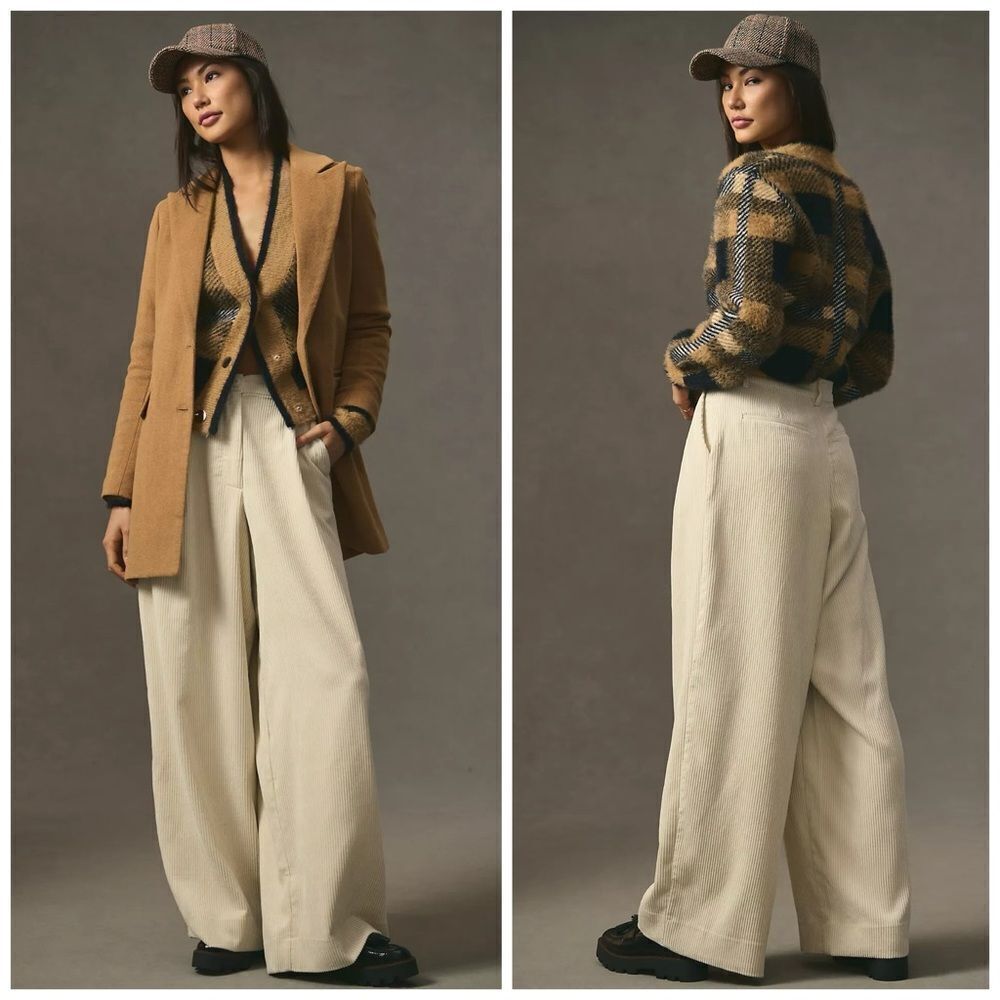 Anthropologie Essentiel Antwerp Cousin Wide-Leg Pants Corduroy Cream Pleated